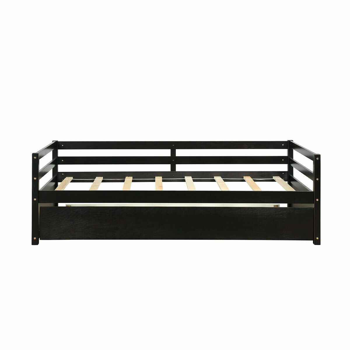 Space Saving Twin Daybed with Pull Out Trundle and Sturdy Wood Slat Frame - Dark Brown