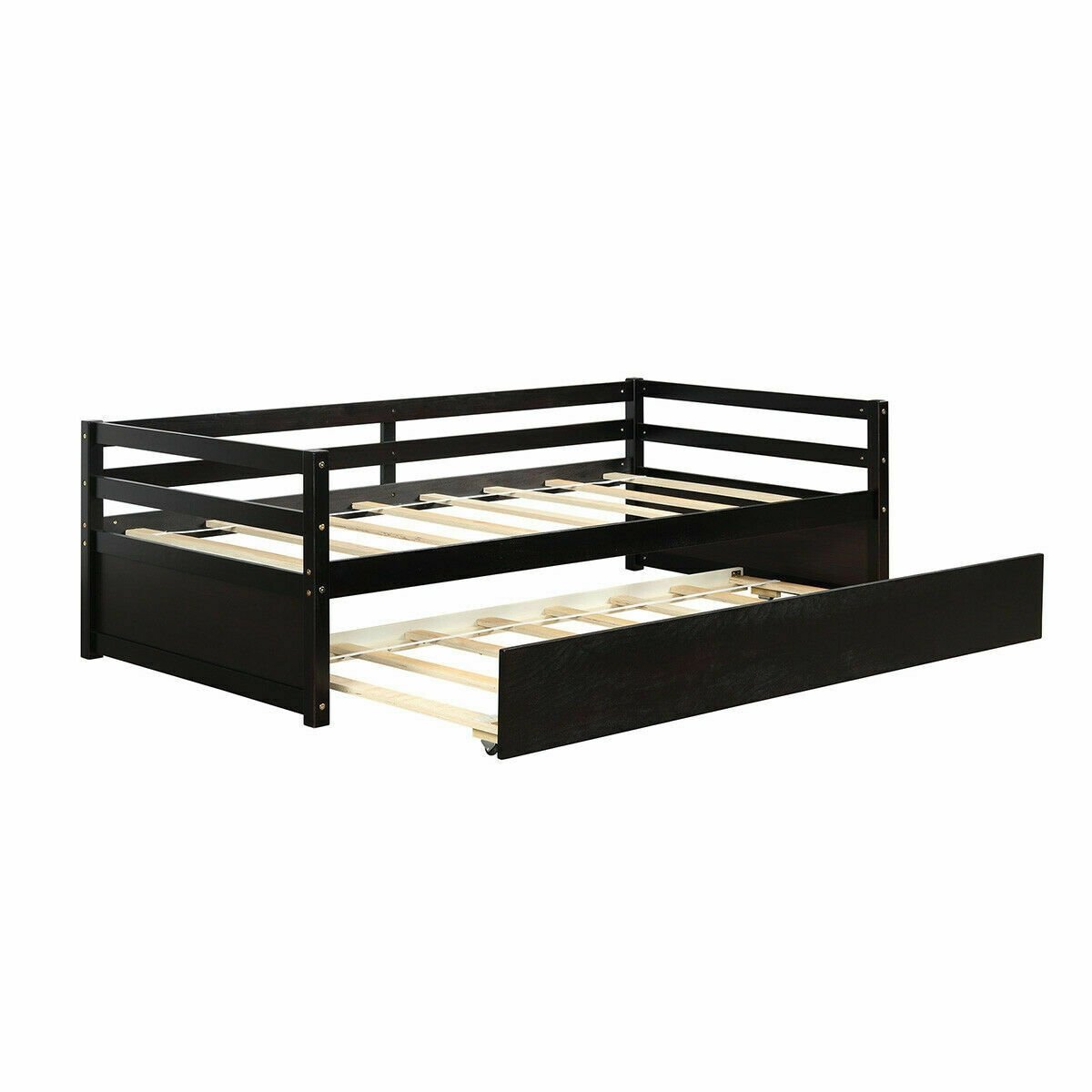 Space Saving Twin Daybed with Pull Out Trundle and Sturdy Wood Slat Frame - Dark Brown