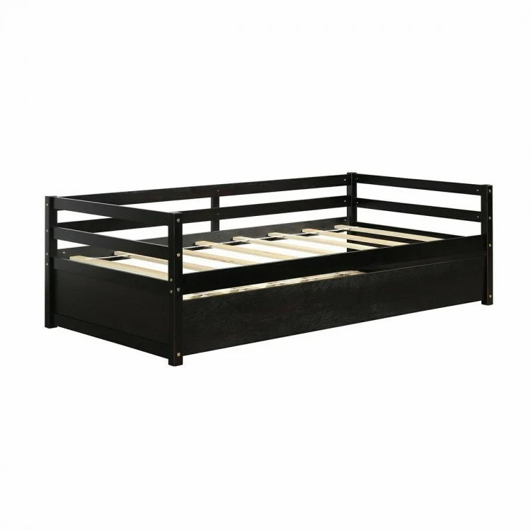 Space Saving Twin Daybed with Pull Out Trundle and Sturdy Wood Slat Frame - Dark Brown