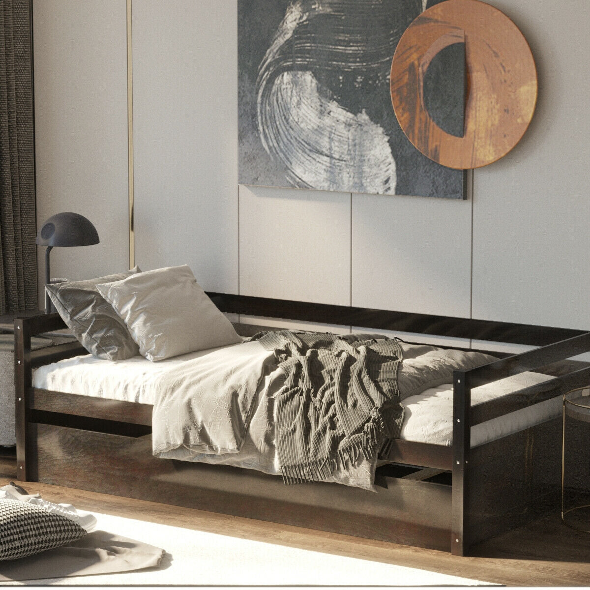Space Saving Twin Daybed with Pull Out Trundle and Sturdy Wood Slat Frame - Dark Brown