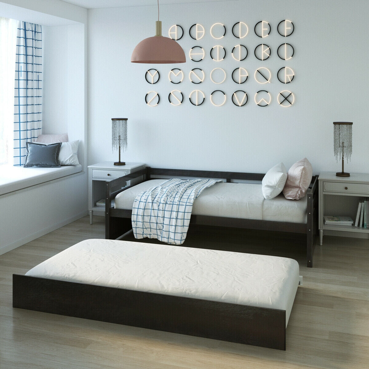 Space Saving Twin Daybed with Pull Out Trundle and Sturdy Wood Slat Frame - Dark Brown
