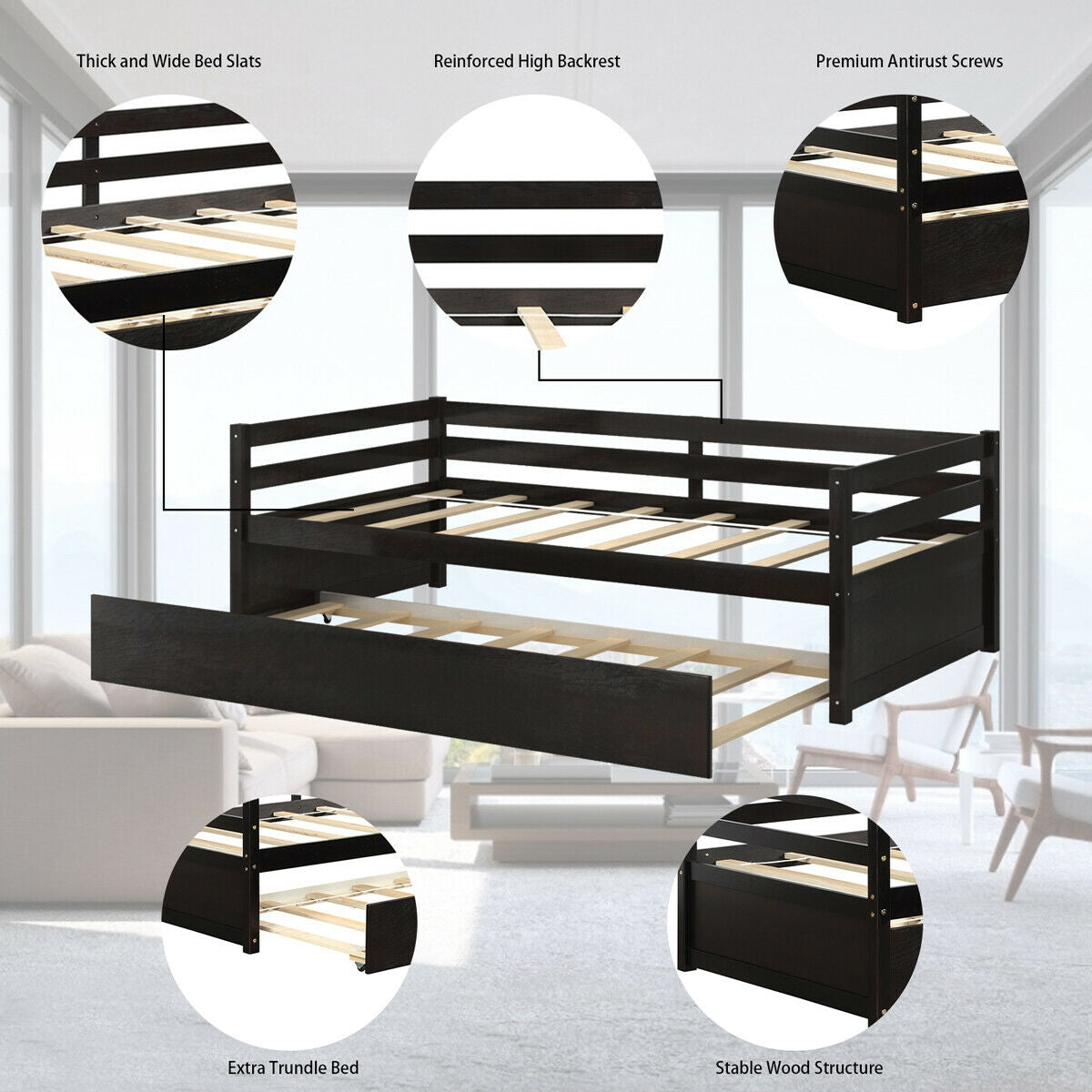 Space Saving Twin Daybed with Pull Out Trundle and Sturdy Wood Slat Frame - Dark Brown