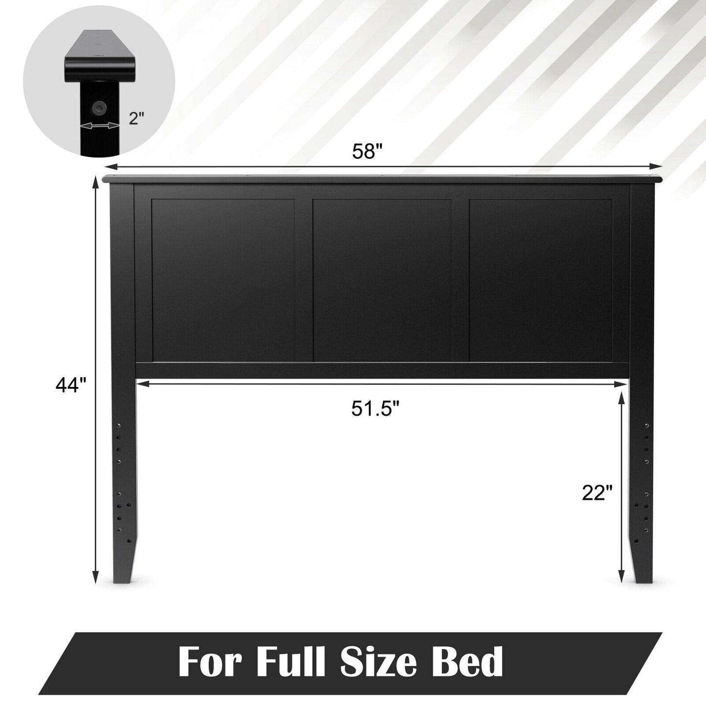 Full Size Wood Headboard with Adjustable Height and Pre-Drilled Holes - Black