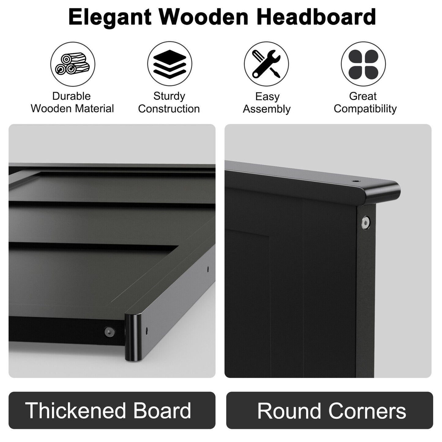 Full Size Wood Headboard with Adjustable Height and Pre-Drilled Holes - Black