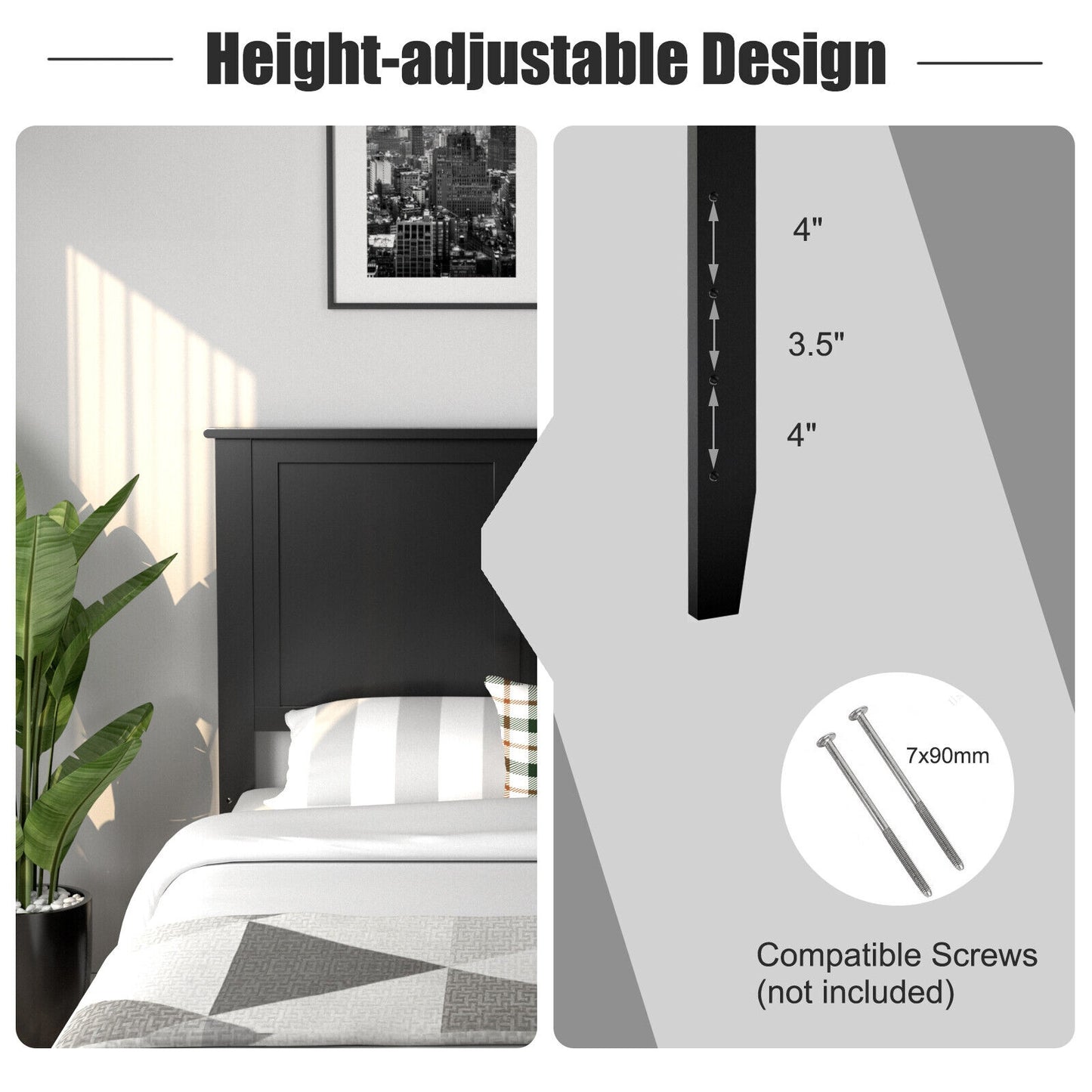 Full Size Wood Headboard with Adjustable Height and Pre-Drilled Holes - Black