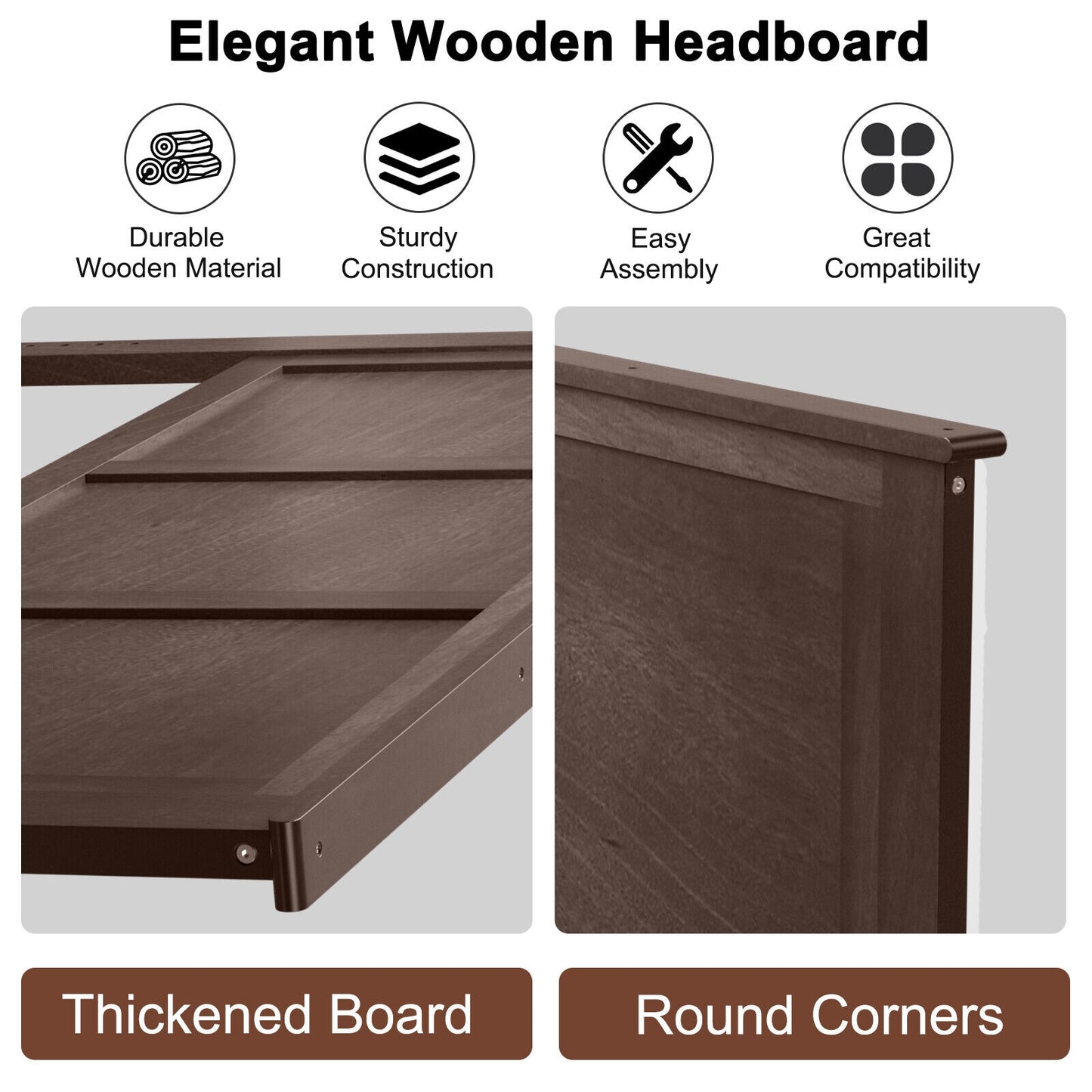Full Size Wood Headboard with Adjustable Height and Pre-Drilled Holes - Brown