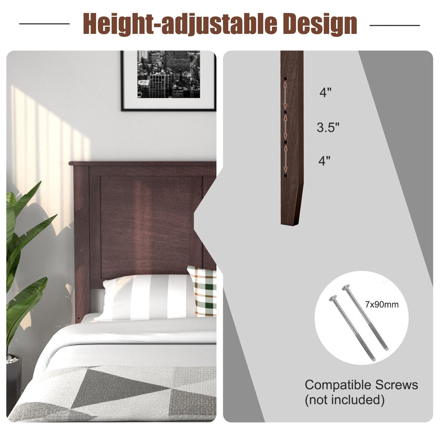Full Size Wood Headboard with Adjustable Height and Pre-Drilled Holes - Brown