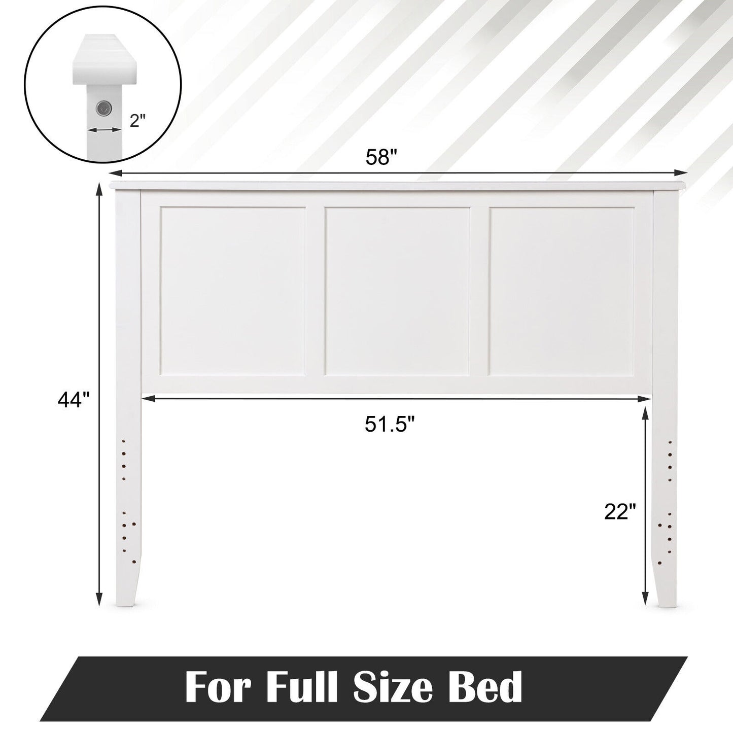 Full Size Wood Headboard with Adjustable Height and Pre-Drilled Holes - White