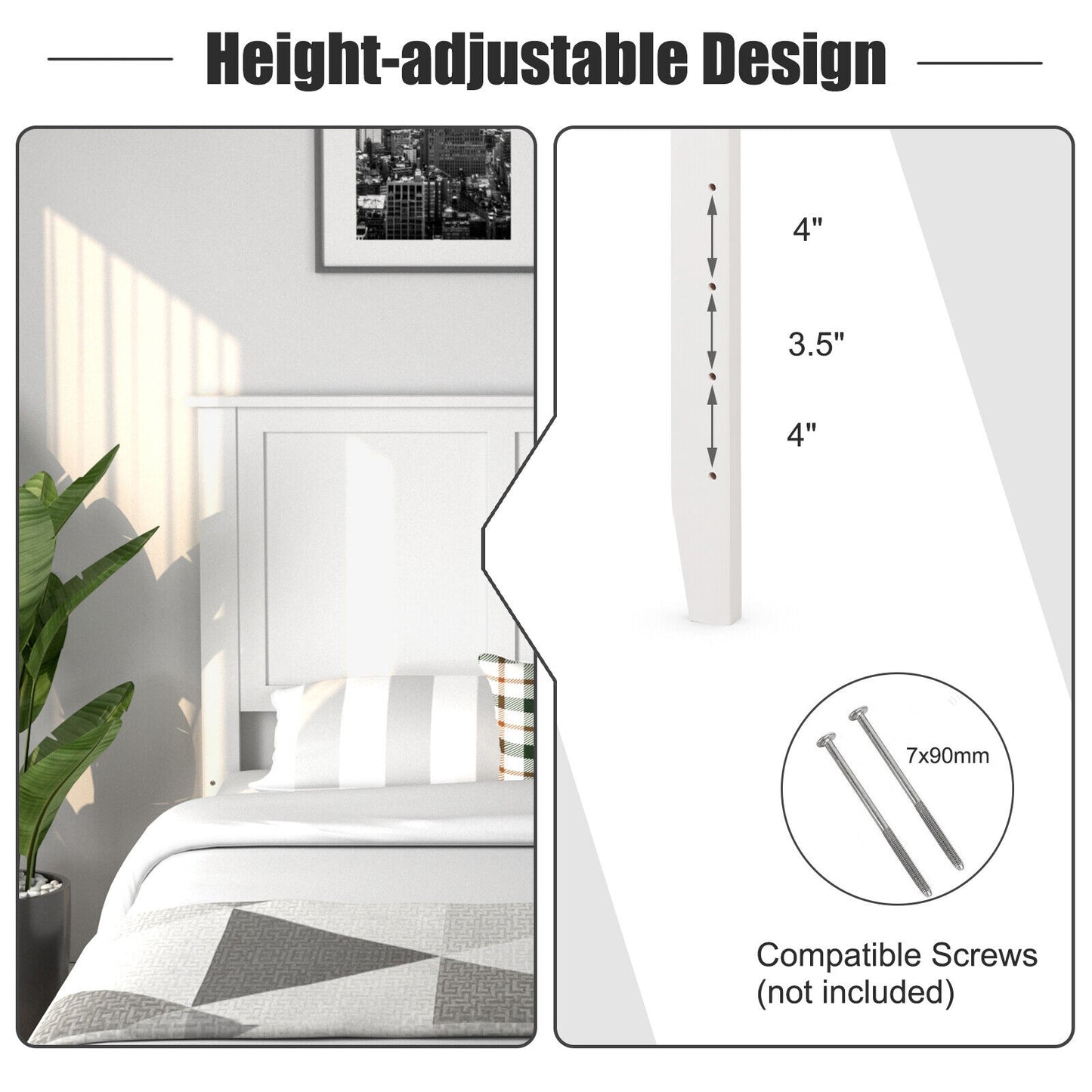 Full Size Wood Headboard with Adjustable Height and Pre-Drilled Holes - White