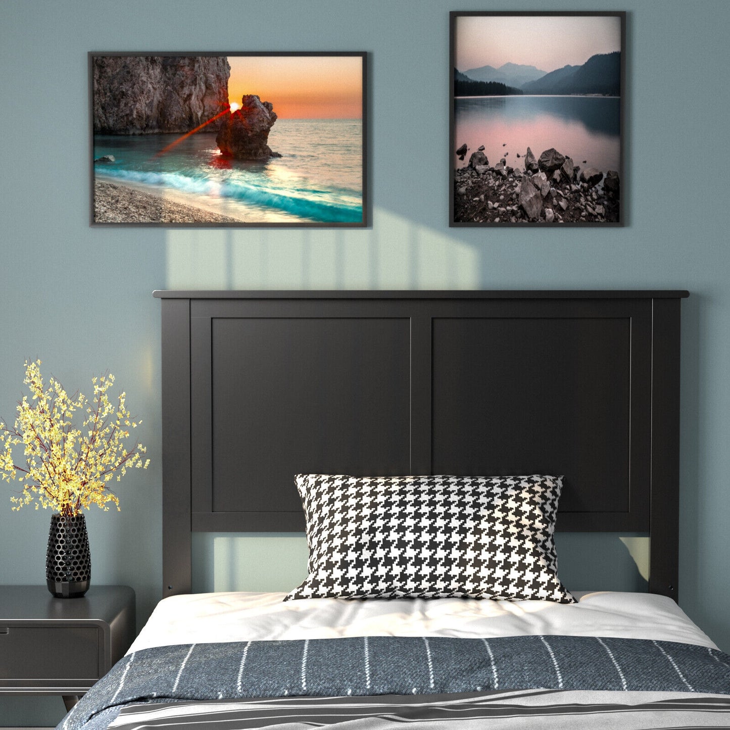 Elegant Solid Wood Twin Bed Headboard with Flat Panel Design - Black