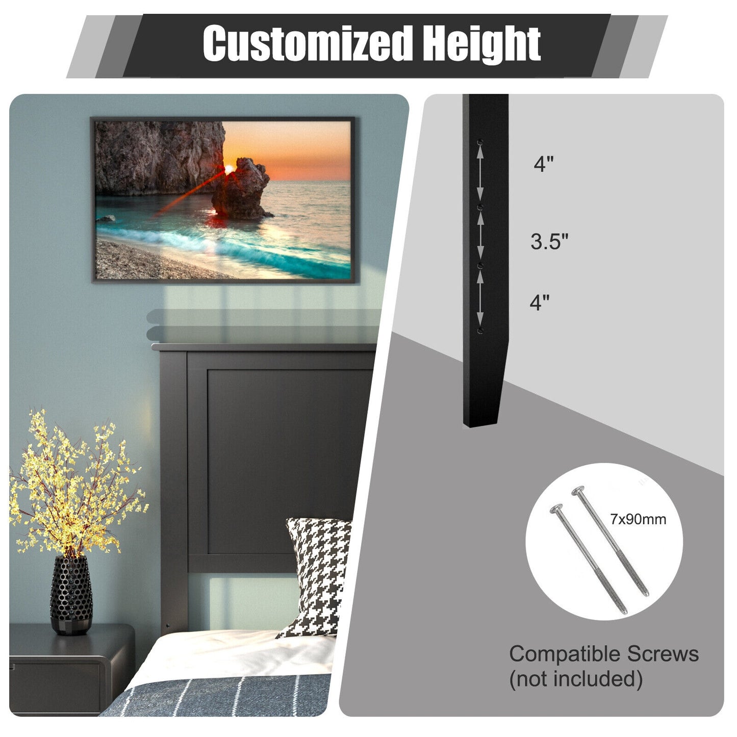 Elegant Solid Wood Twin Bed Headboard with Flat Panel Design - Black