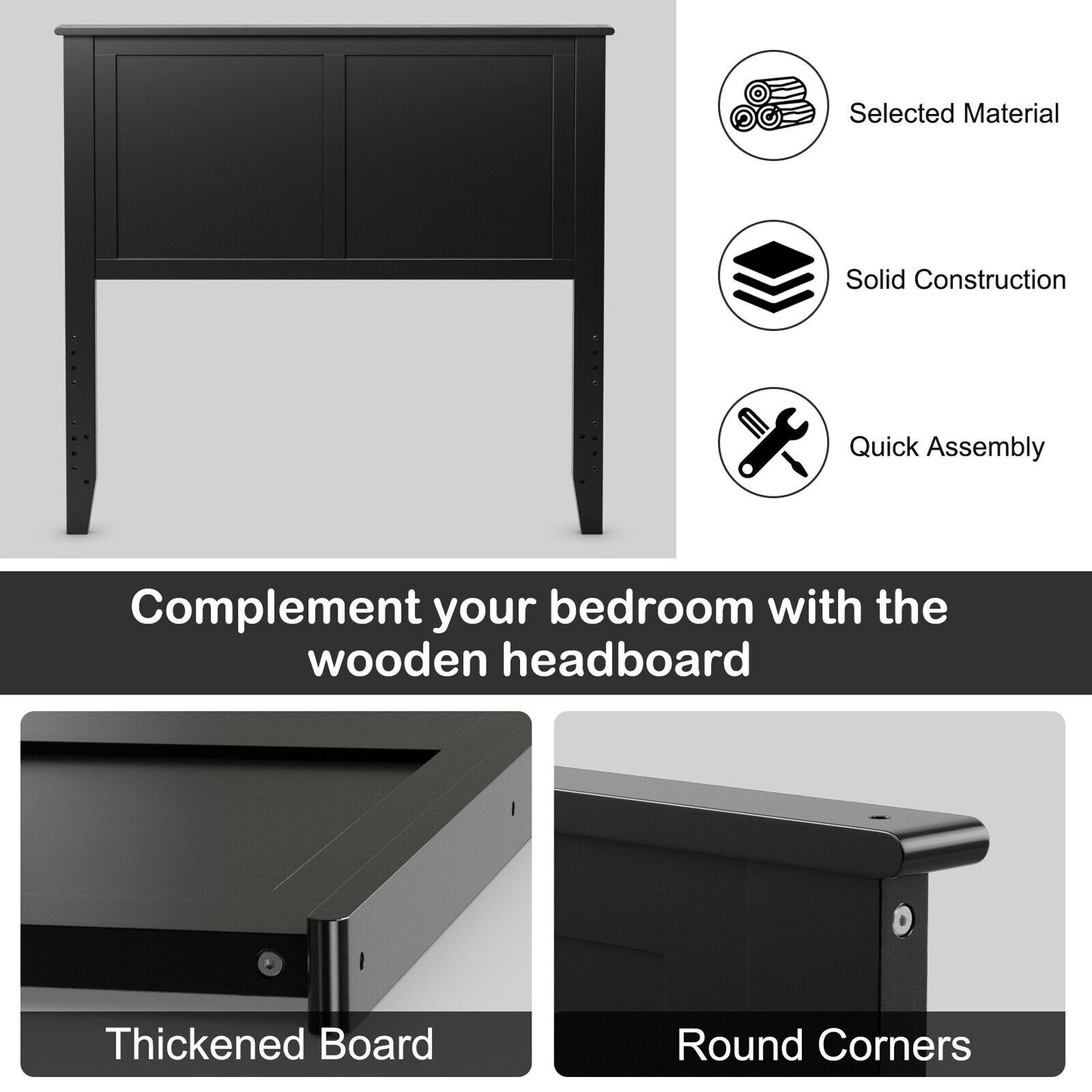 Elegant Solid Wood Twin Bed Headboard with Flat Panel Design - Black