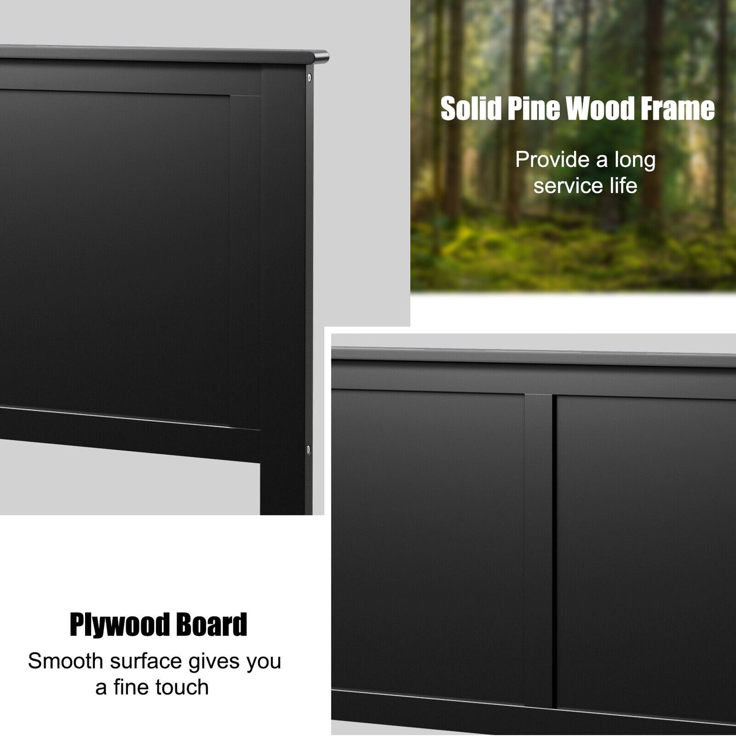 Elegant Solid Wood Twin Bed Headboard with Flat Panel Design - Black