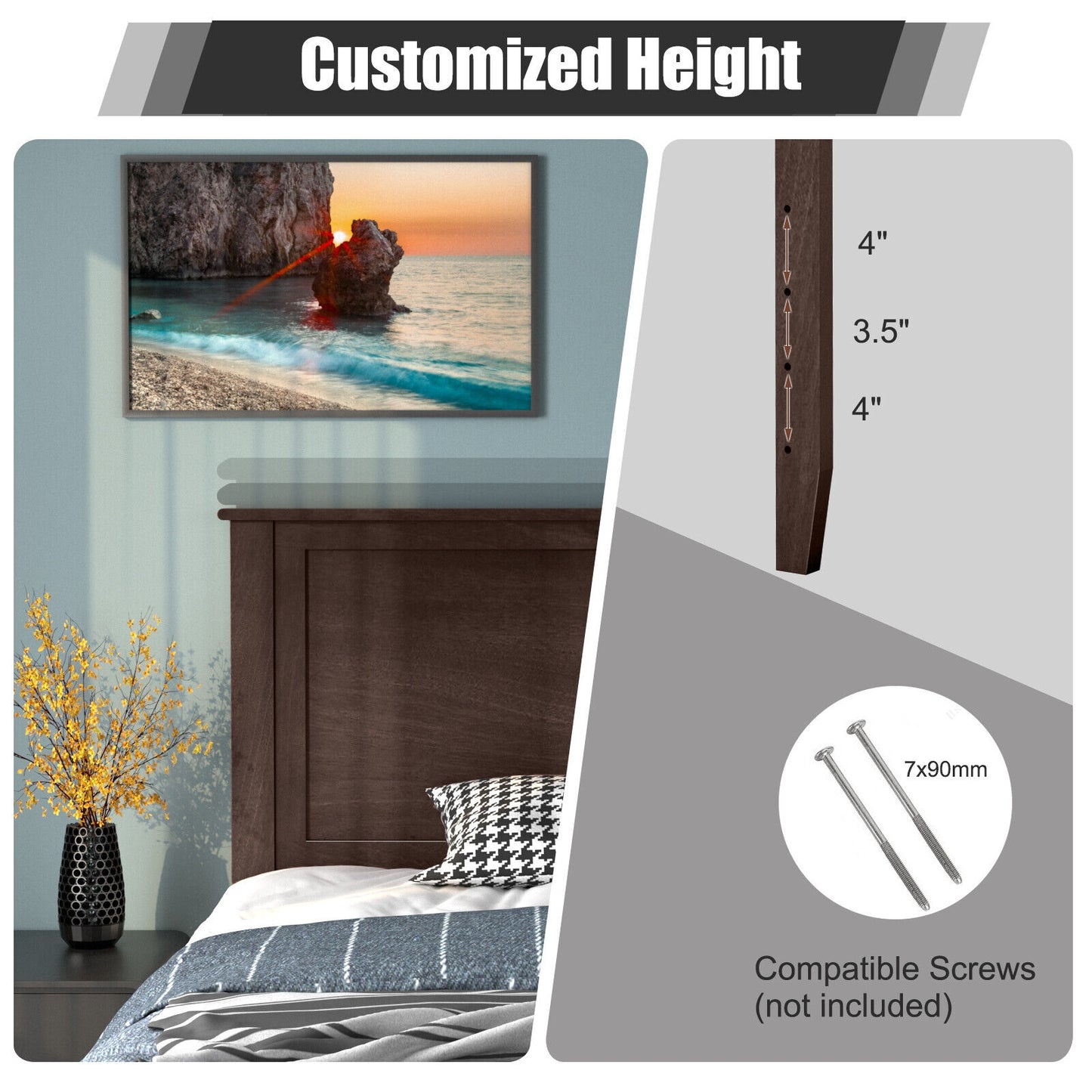 Elegant Solid Wood Twin Bed Headboard with Flat Panel Design - Brown