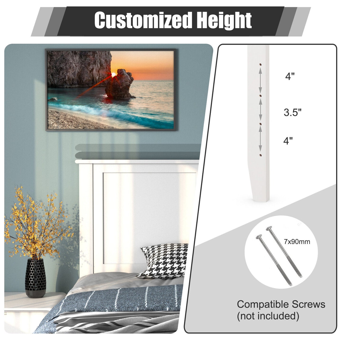 Elegant Solid Wood Twin Bed Headboard with Flat Panel Design - White
