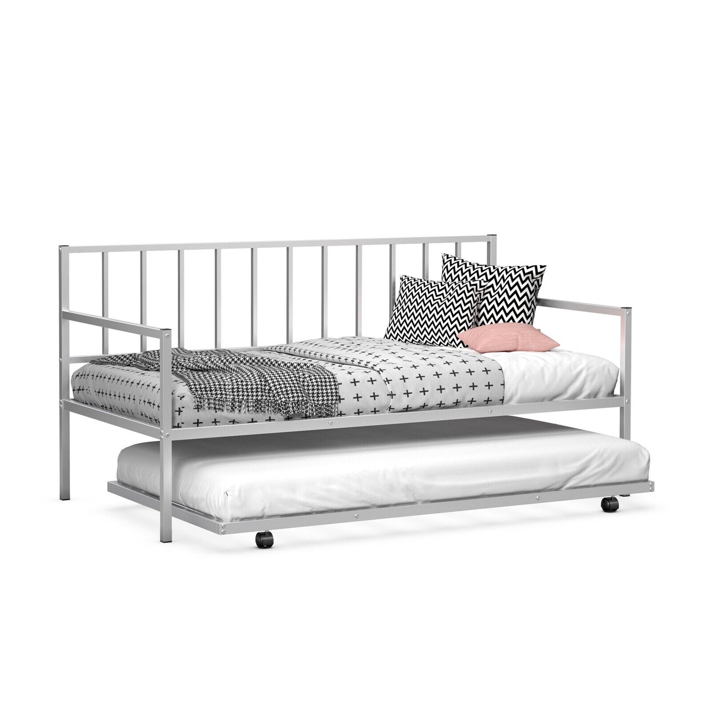 Metal Twin Daybed with Pull Out Trundle Frame Set for Guest Room or Small Spaces Silver