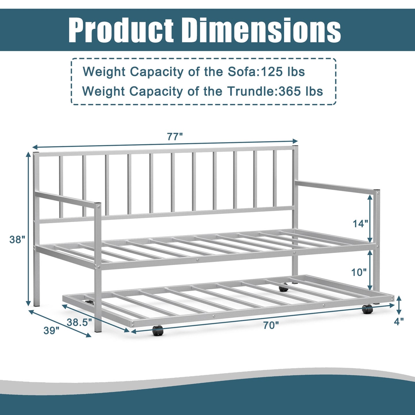 Metal Twin Daybed with Pull Out Trundle Frame Set for Guest Room or Small Spaces Silver