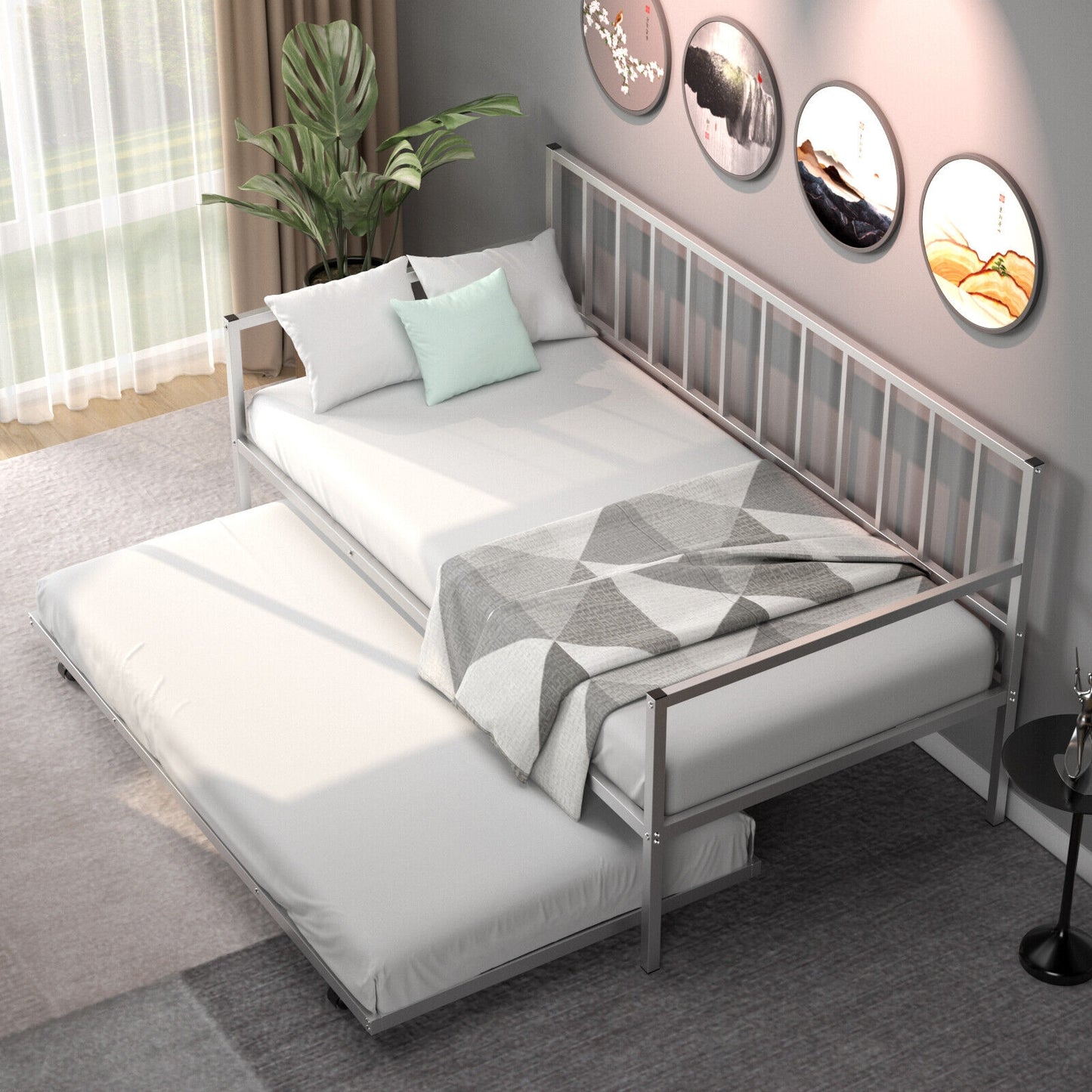 Metal Twin Daybed with Pull Out Trundle Frame Set for Guest Room or Small Spaces Silver