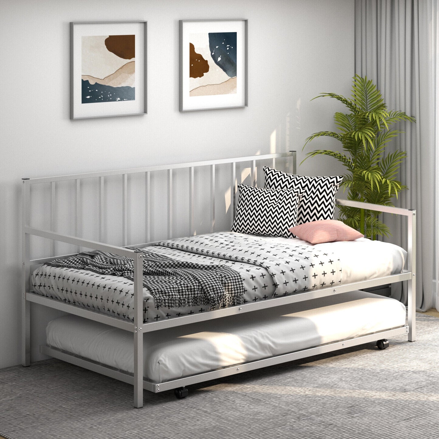 Metal Twin Daybed with Pull Out Trundle Frame Set for Guest Room or Small Spaces Silver