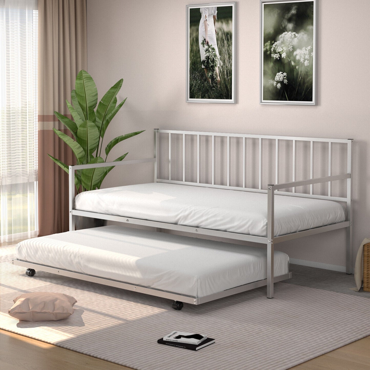 Metal Twin Daybed with Pull Out Trundle Frame Set for Guest Room or Small Spaces Silver