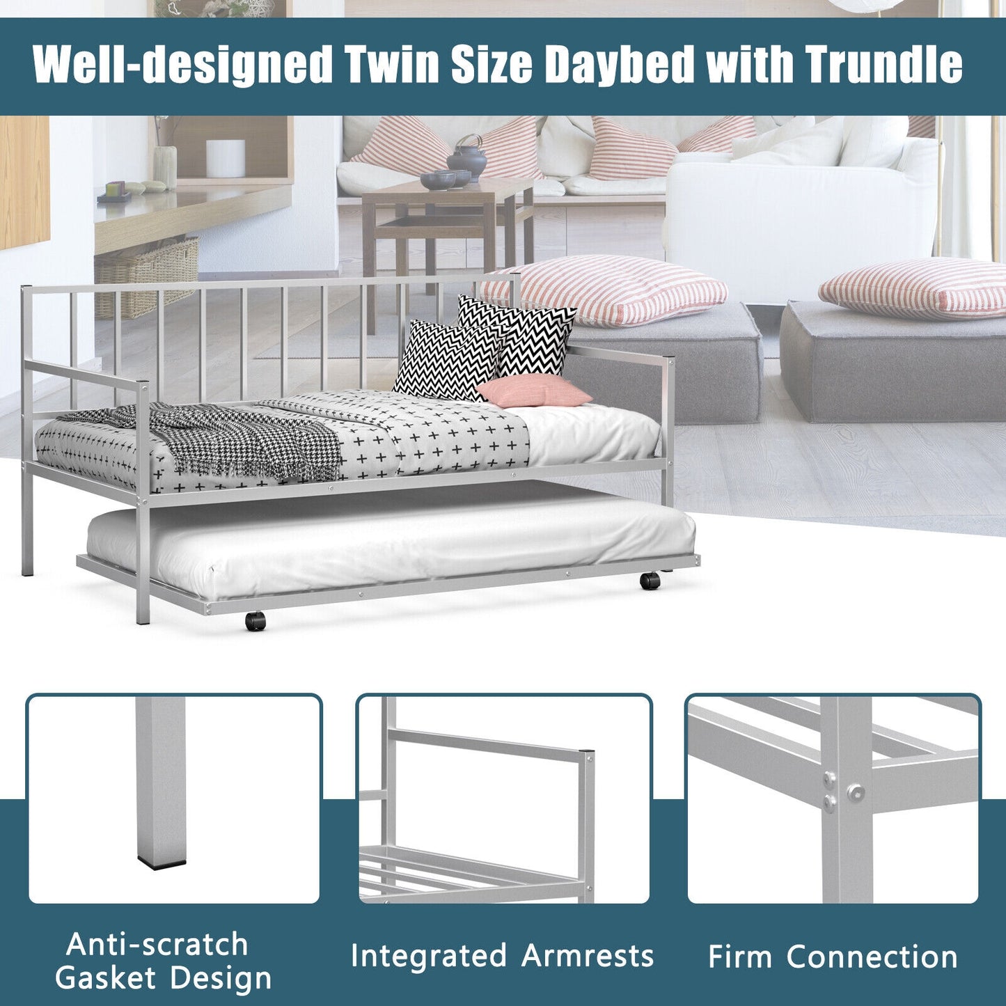 Metal Twin Daybed with Pull Out Trundle Frame Set for Guest Room or Small Spaces Silver