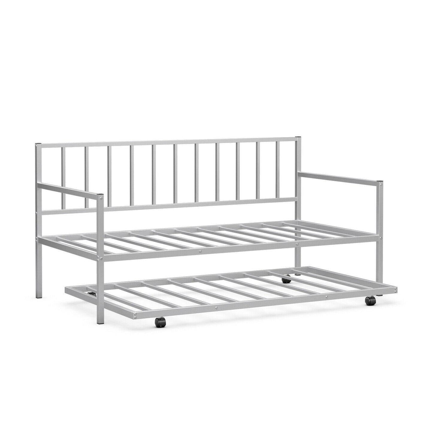 Metal Twin Daybed with Pull Out Trundle Frame Set for Guest Room or Small Spaces Silver