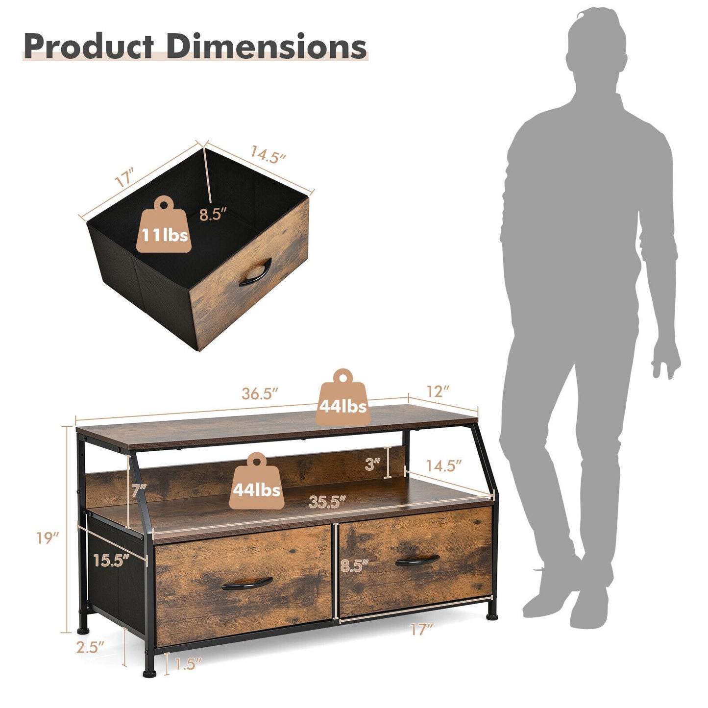 Fabric Drawer Dresser TV Stand with Open Storage Shelves for Living Room or Bedroom