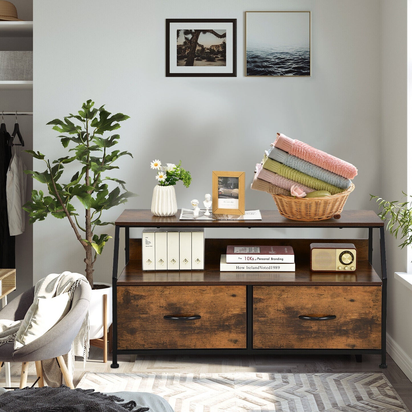 Fabric Drawer Dresser TV Stand with Open Storage Shelves for Living Room or Bedroom