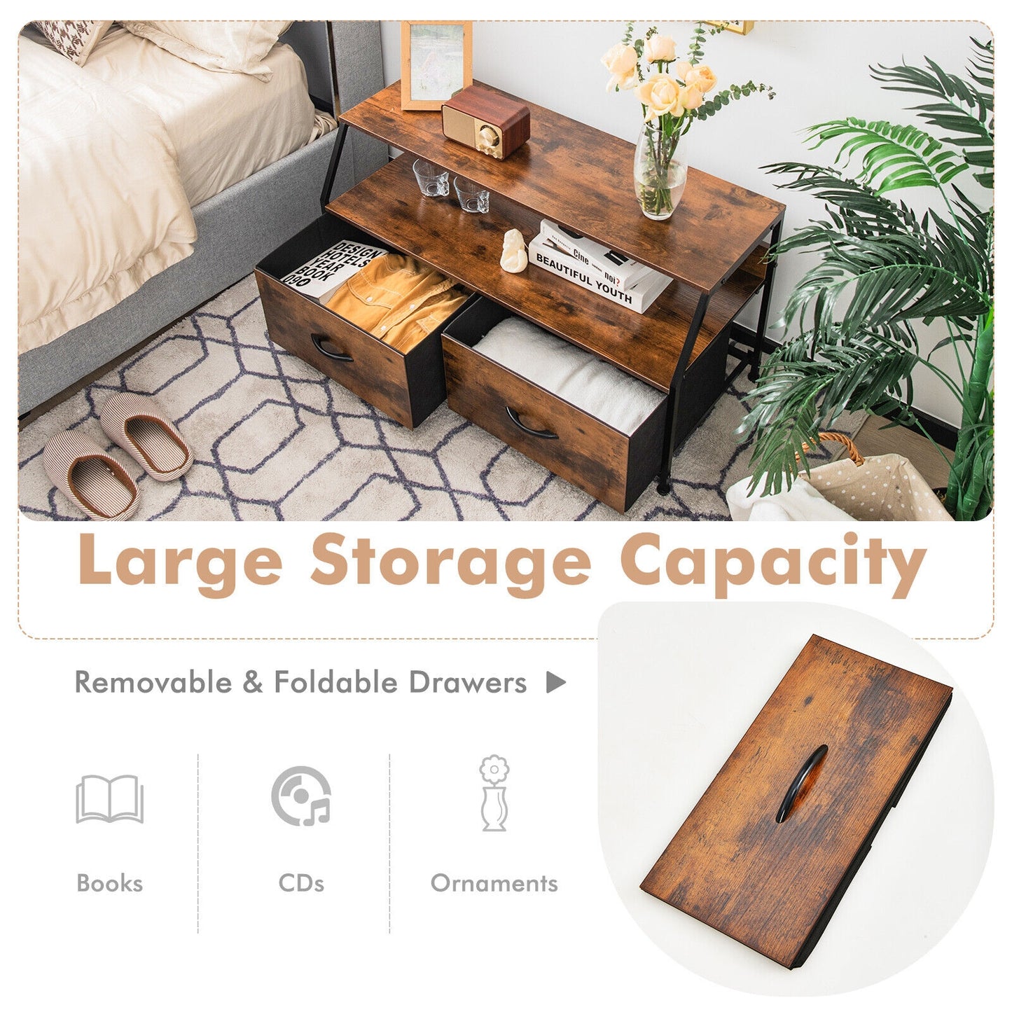 Fabric Drawer Dresser TV Stand with Open Storage Shelves for Living Room or Bedroom