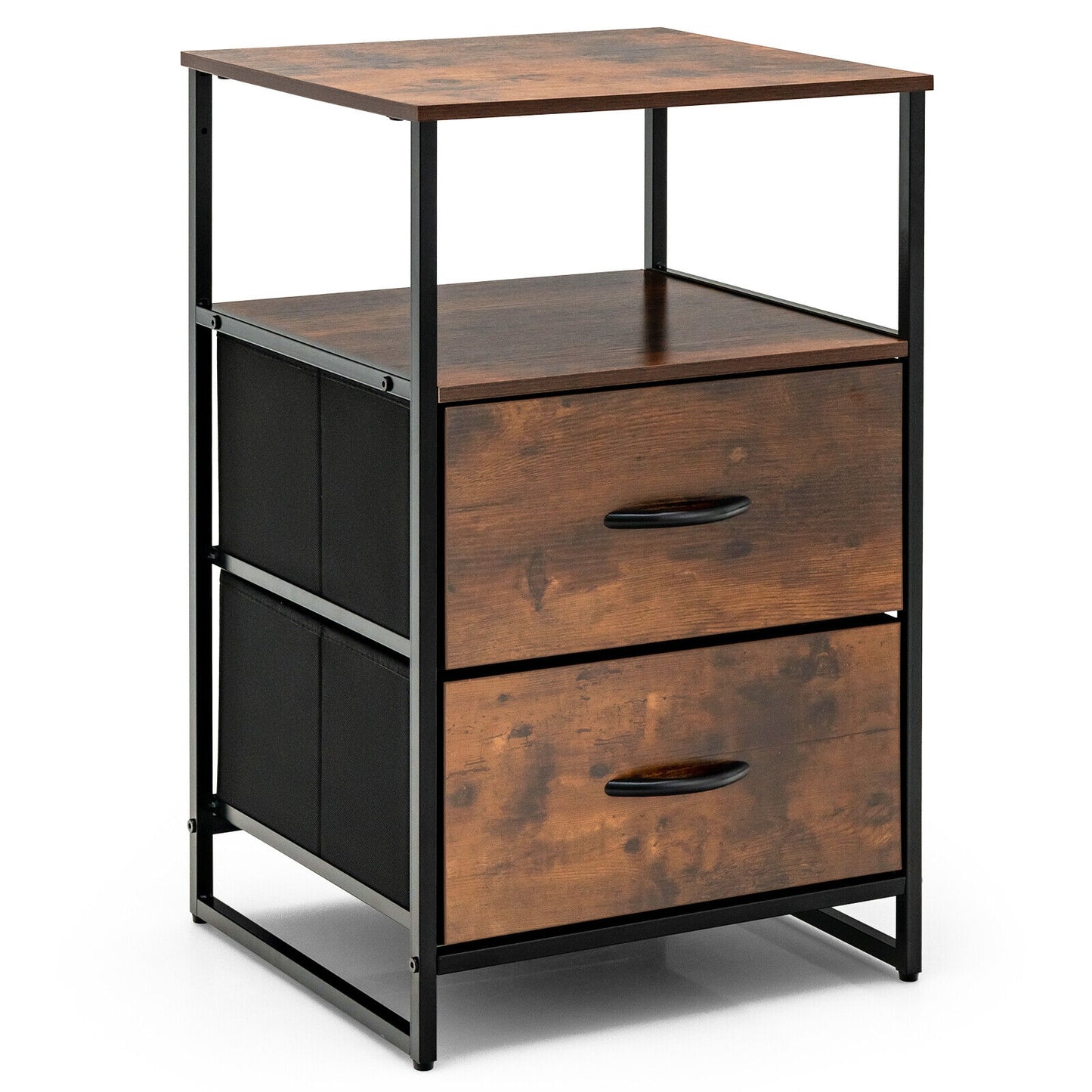 27 Inch Tall Freestanding Storage Cabinet with Wood Top and Open Shelves