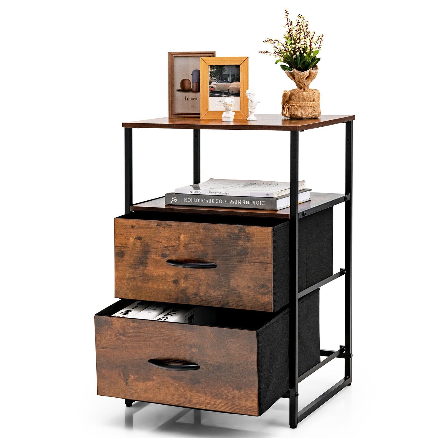 27 Inch Tall Freestanding Storage Cabinet with Wood Top and Open Shelves