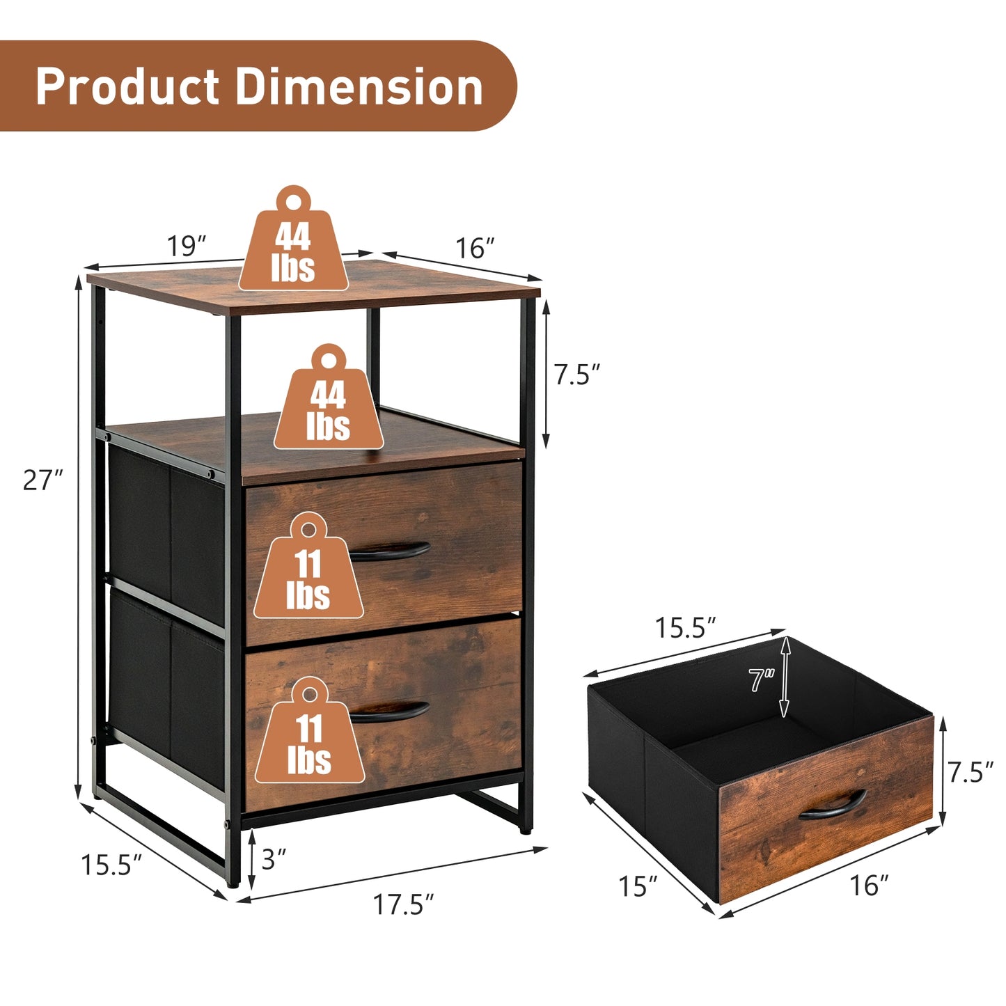 27 Inch Tall Freestanding Storage Cabinet with Wood Top and Open Shelves