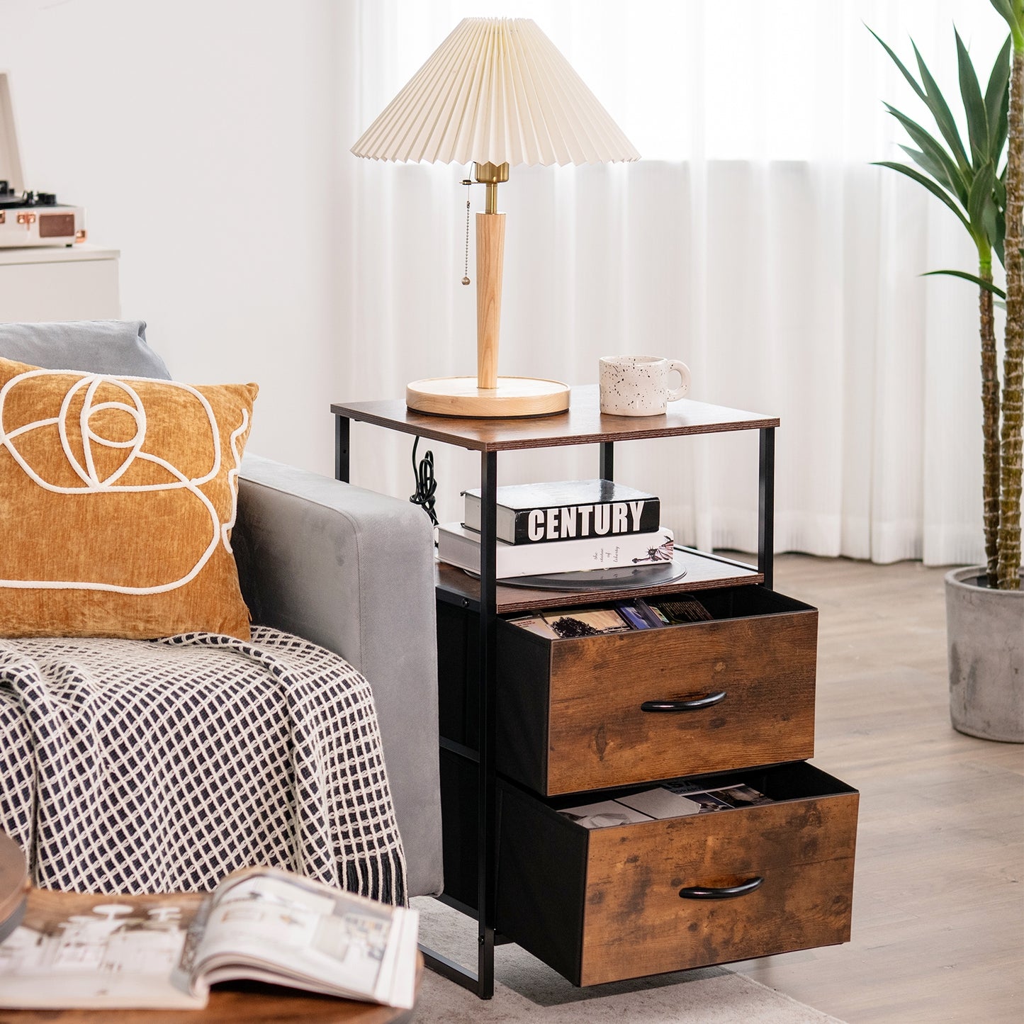 27 Inch Tall Freestanding Storage Cabinet with Wood Top and Open Shelves