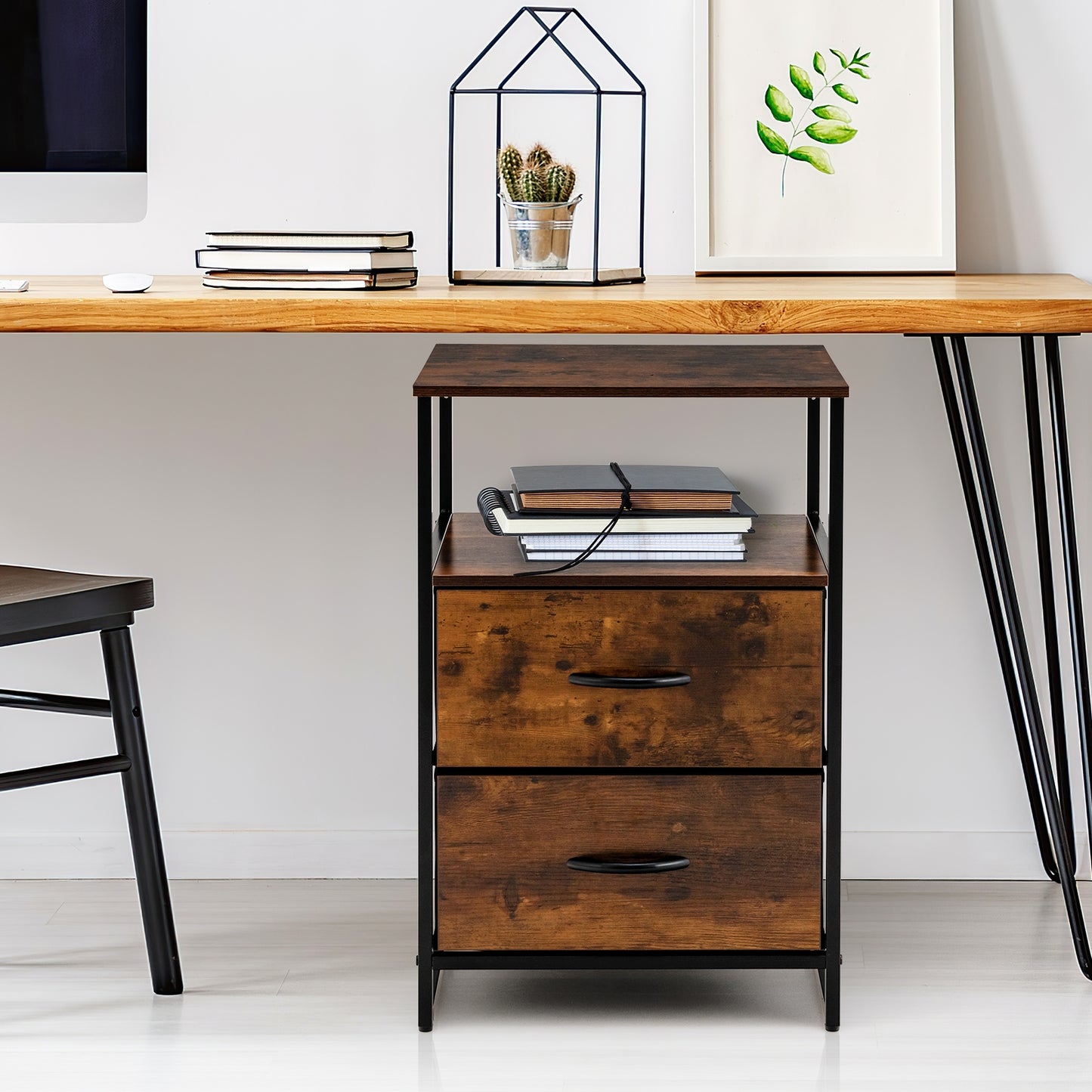 27 Inch Tall Freestanding Storage Cabinet with Wood Top and Open Shelves