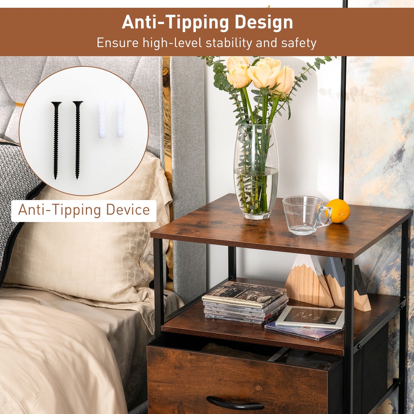 27 Inch Tall Freestanding Storage Cabinet with Wood Top and Open Shelves
