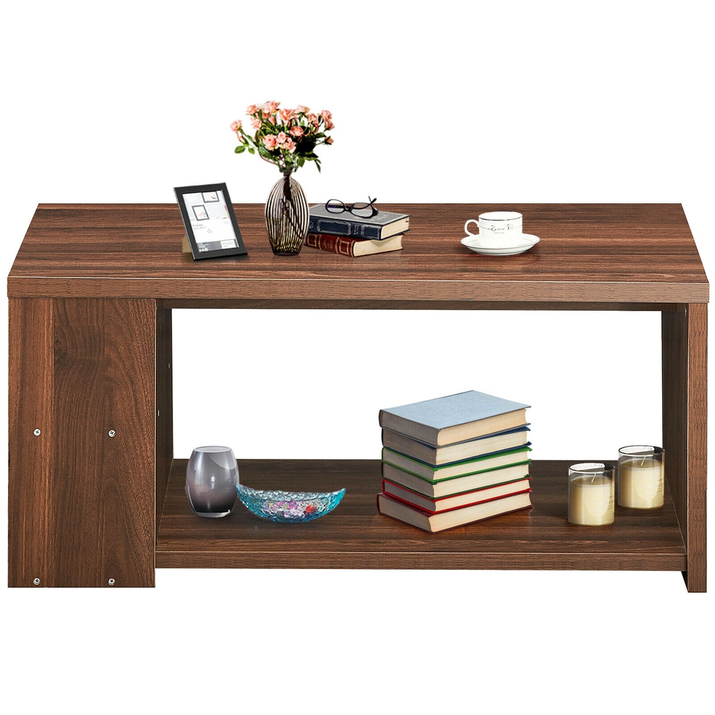 Coffee Table with Multiple Storage Shelves in Walnut Finish