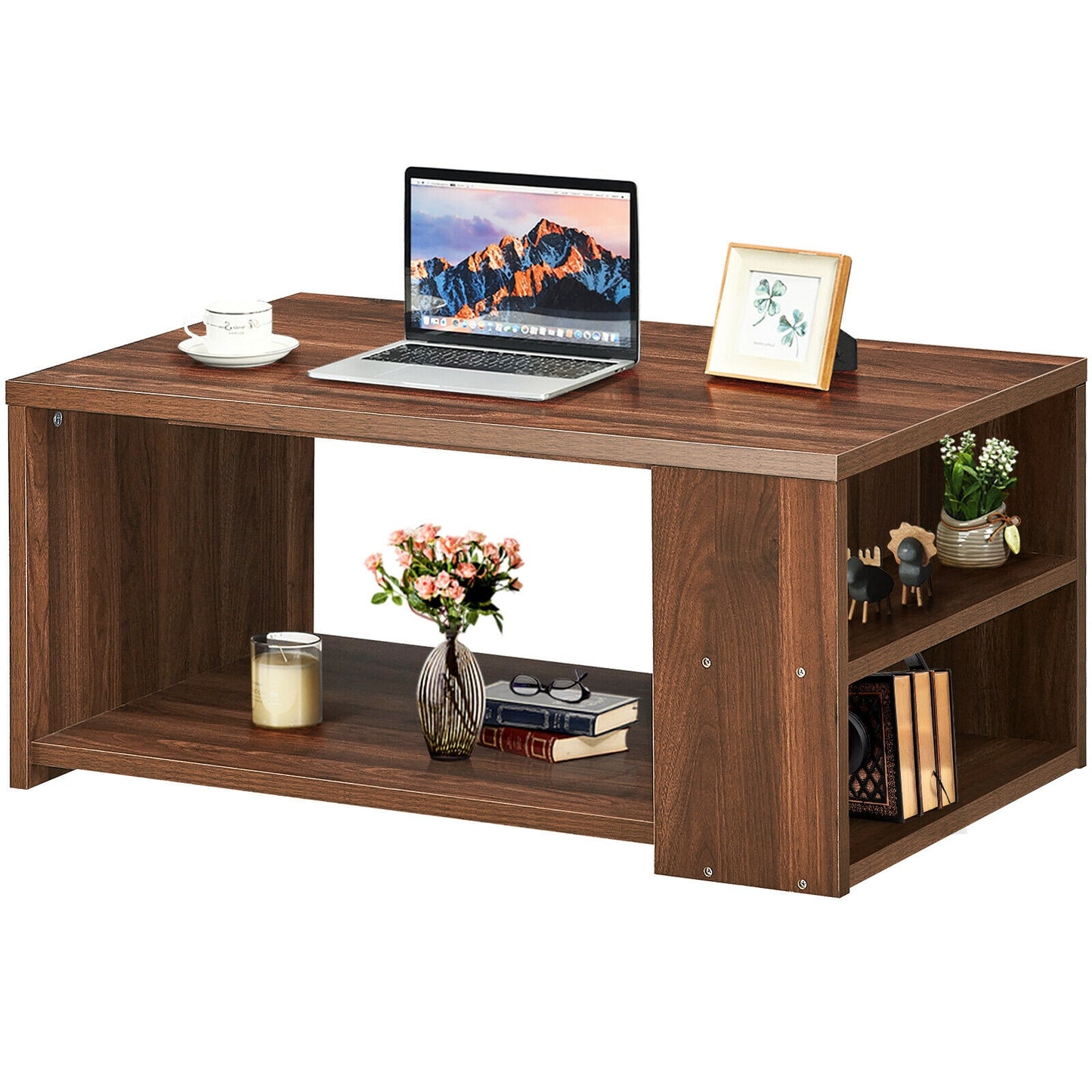 Coffee Table with Multiple Storage Shelves in Walnut Finish