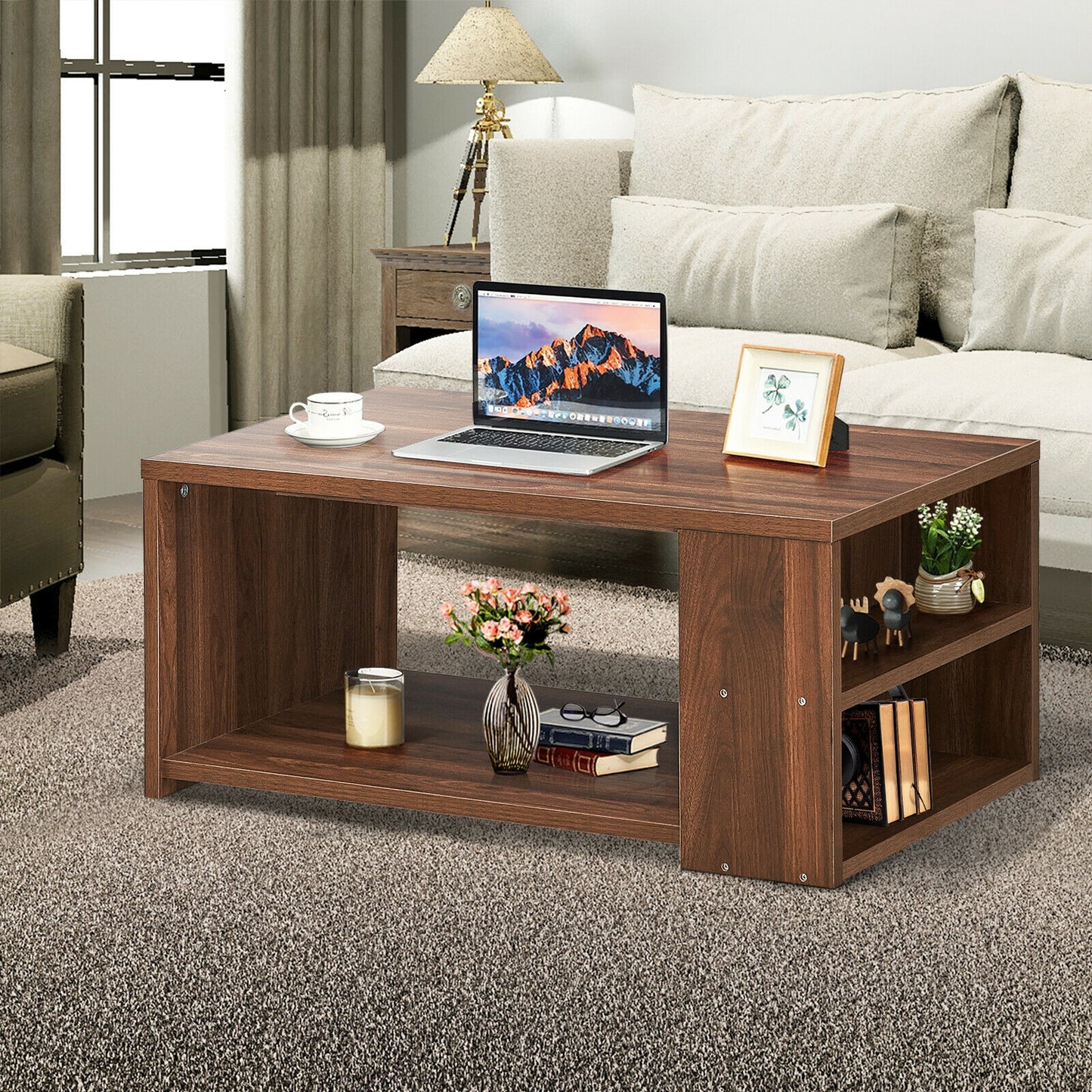 Coffee Table with Multiple Storage Shelves in Walnut Finish
