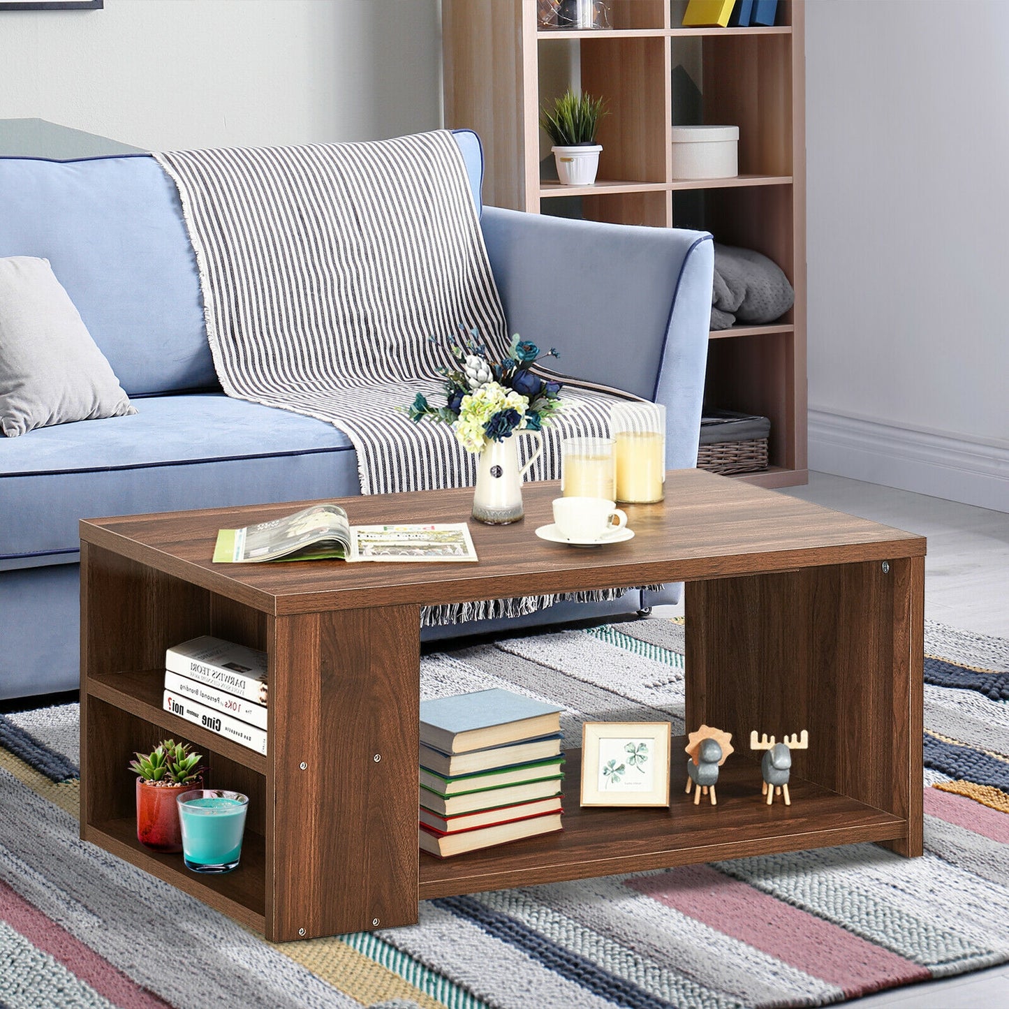 Coffee Table with Multiple Storage Shelves in Walnut Finish
