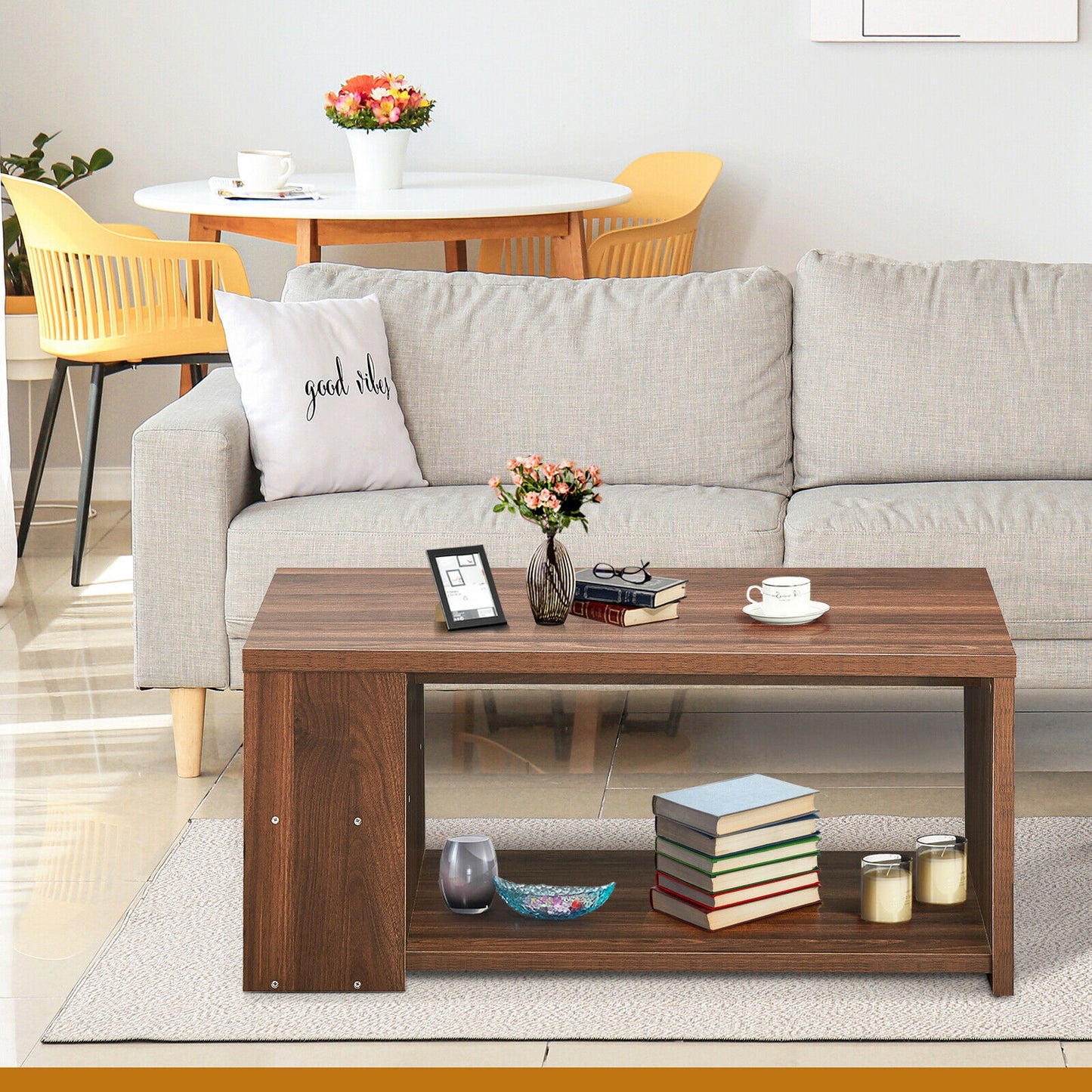 Coffee Table with Multiple Storage Shelves in Walnut Finish