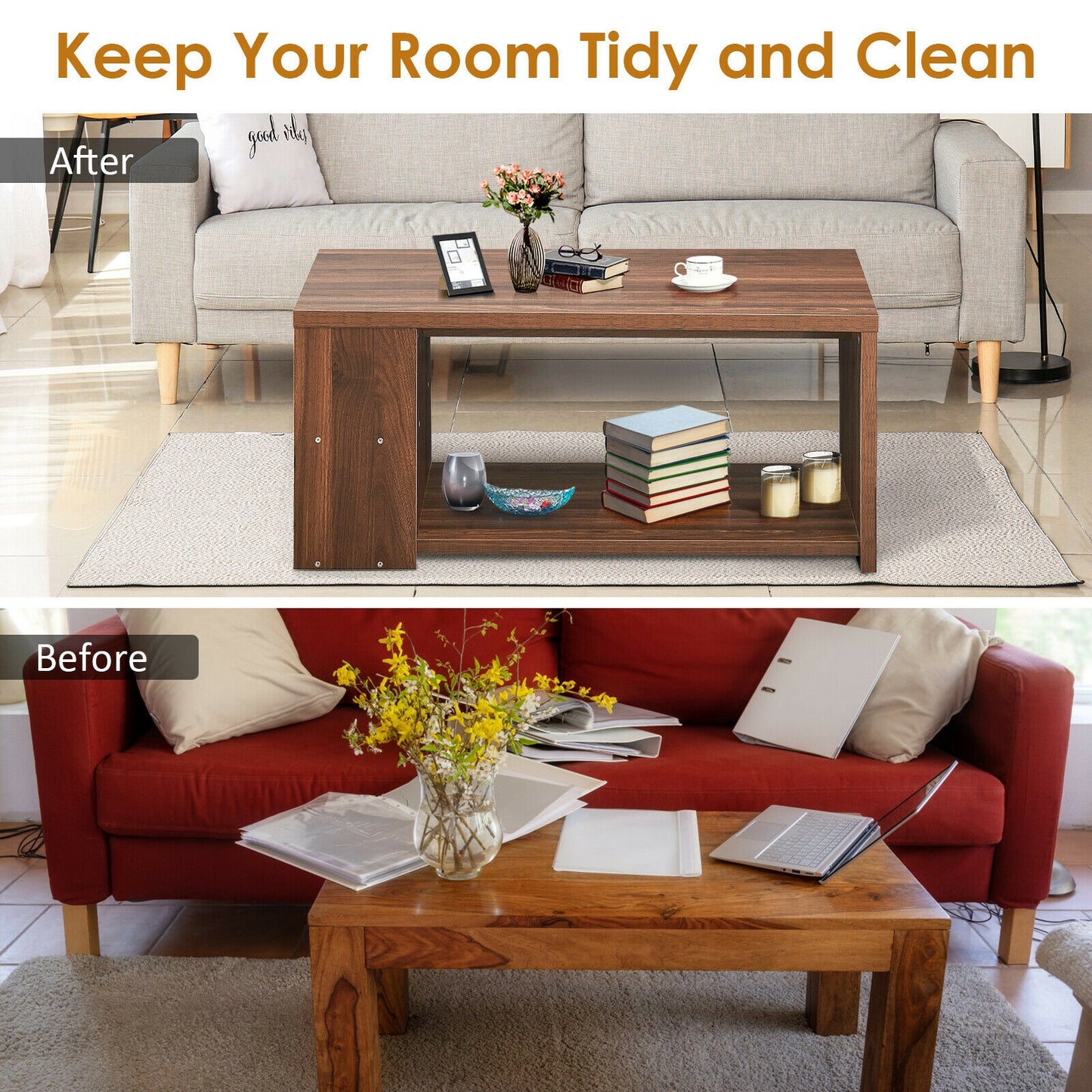 Coffee Table with Multiple Storage Shelves in Walnut Finish