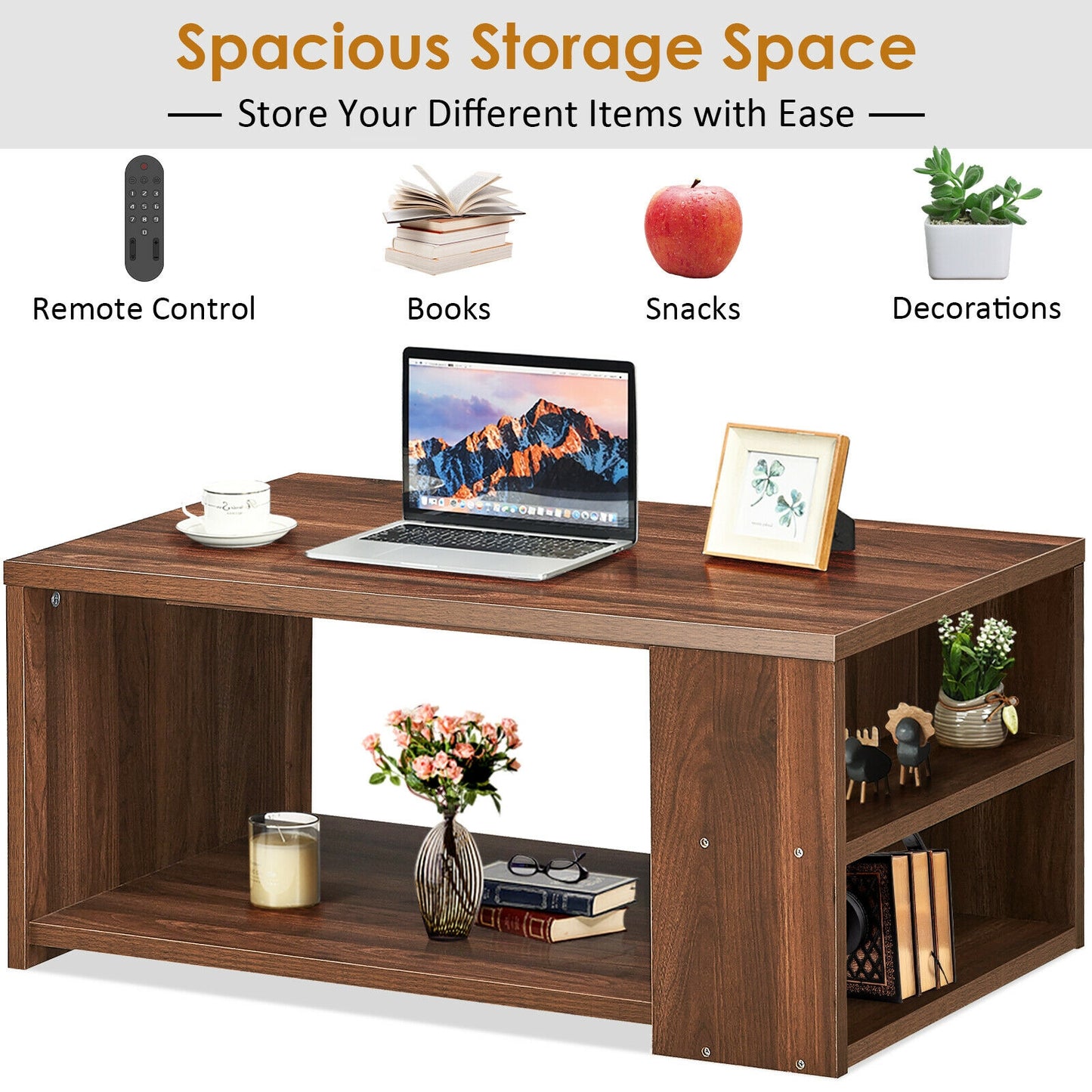 Coffee Table with Multiple Storage Shelves in Walnut Finish