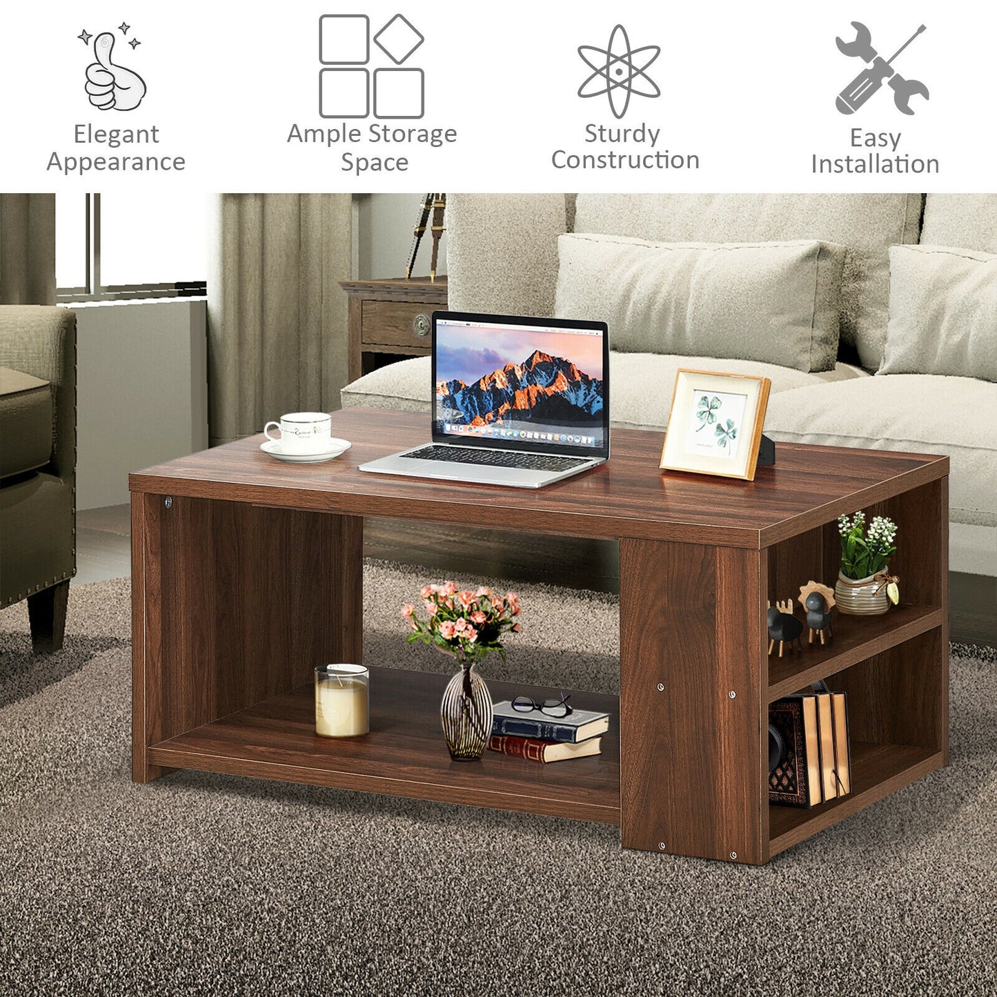 Coffee Table with Multiple Storage Shelves in Walnut Finish