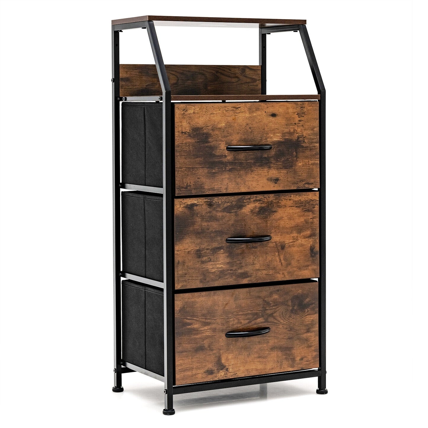 36 Inch Tall Freestanding Storage Cabinet with Wood Top and Open Shelves