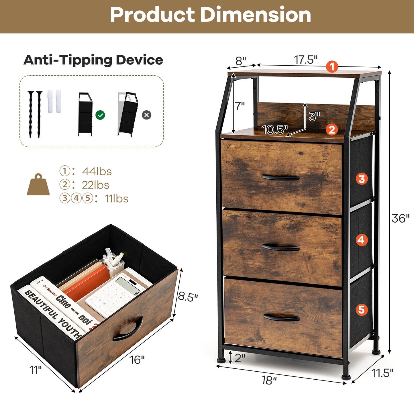 36 Inch Tall Freestanding Storage Cabinet with Wood Top and Open Shelves