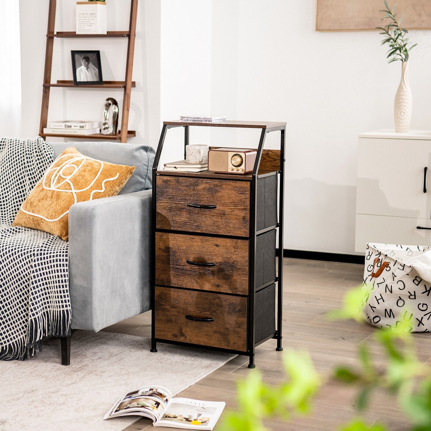 36 Inch Tall Freestanding Storage Cabinet with Wood Top and Open Shelves