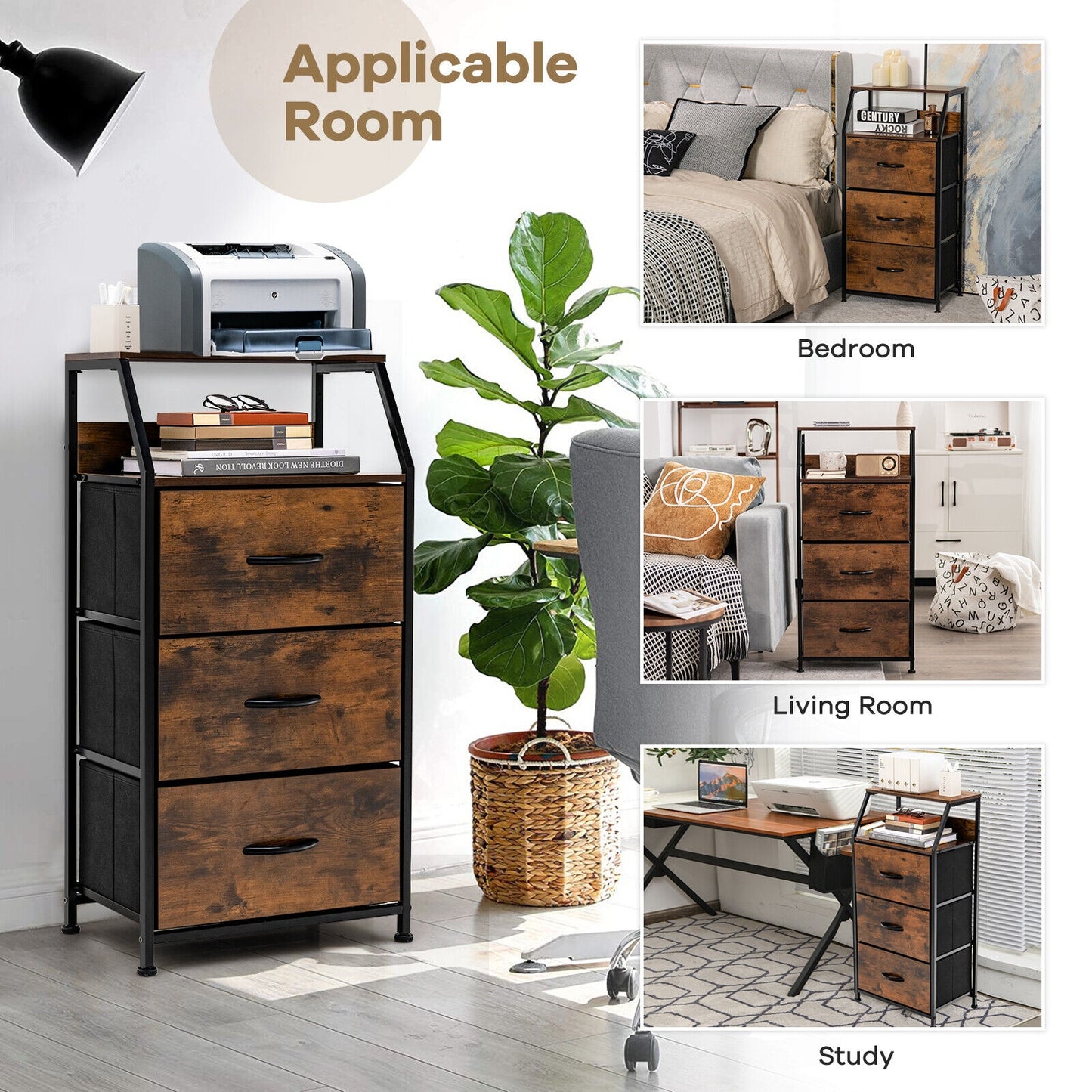 36 Inch Tall Freestanding Storage Cabinet with Wood Top and Open Shelves