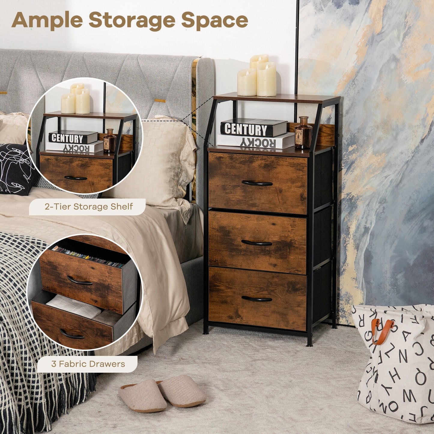 36 Inch Tall Freestanding Storage Cabinet with Wood Top and Open Shelves