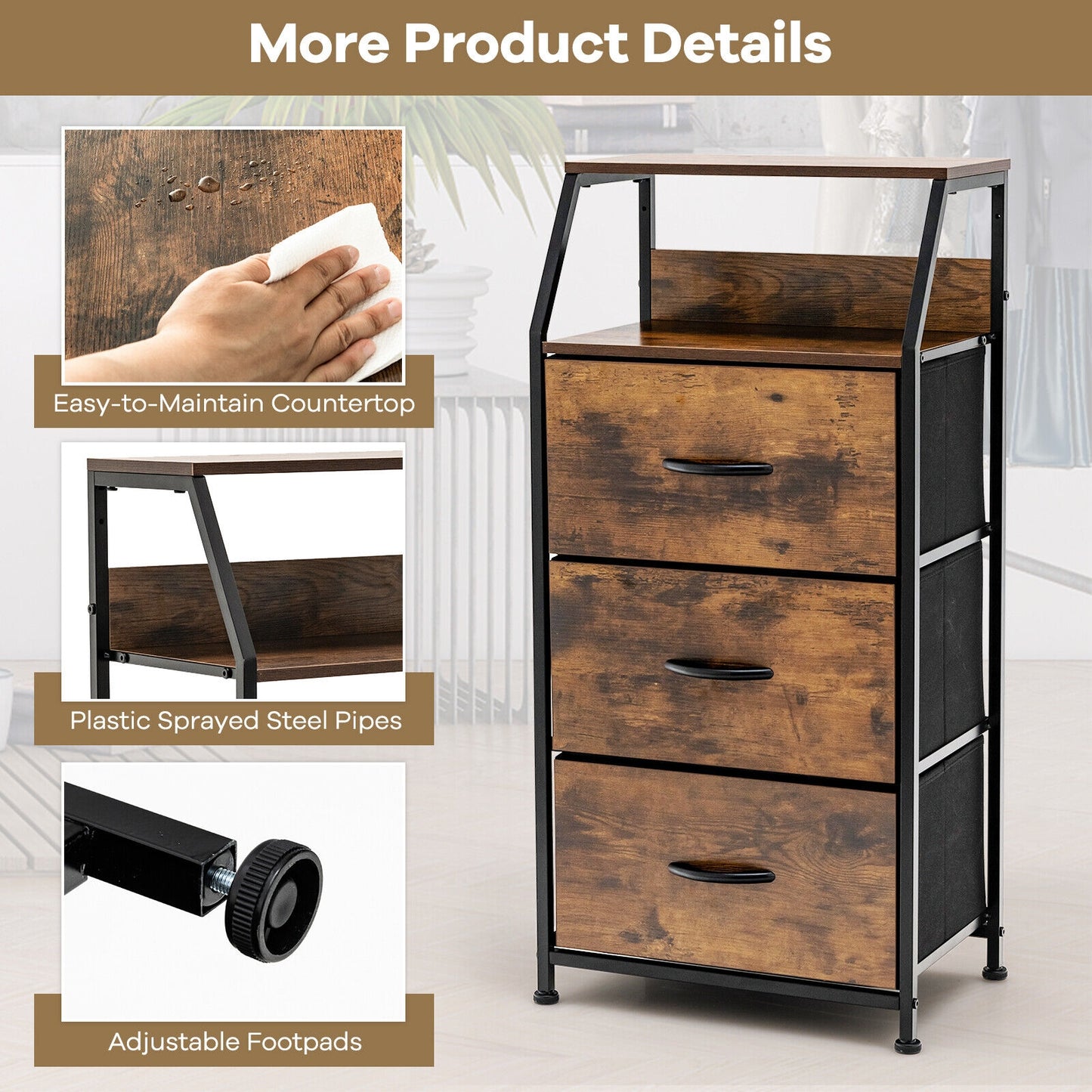 36 Inch Tall Freestanding Storage Cabinet with Wood Top and Open Shelves