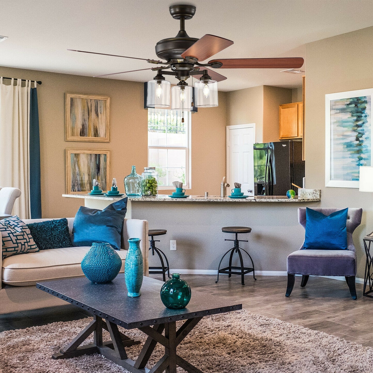 52 Inch Bronze Ceiling Fan with Clear Glass Lampshades, Reversible Blades & Pull Chain Control